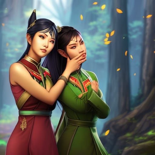 Two Asian Elf Women Share a Passionate Kiss in a Vibrant For...