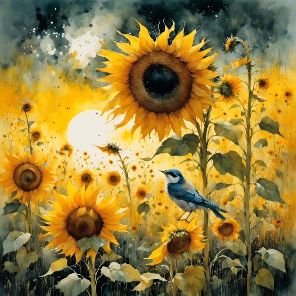 Vibrant Impressionist Painting of a Sunflower Grower in a Ge...