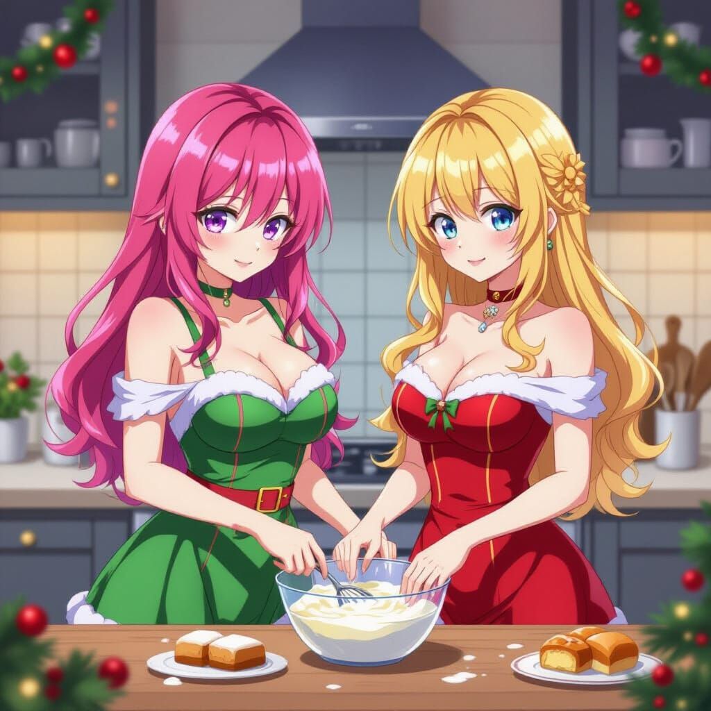 Anime Style Holiday Baking Scene with Pink Haired Woman