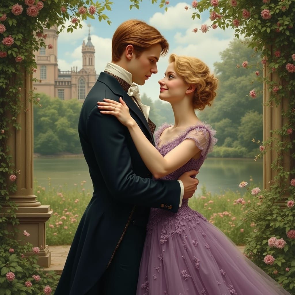 Edwardian Aristocrats Dancing in a Lush Garden