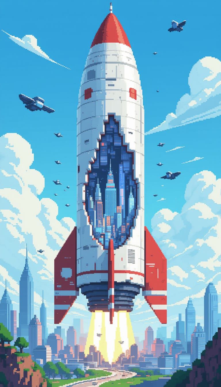 Minecraft Rocket Cityscape in Pixel Art Style