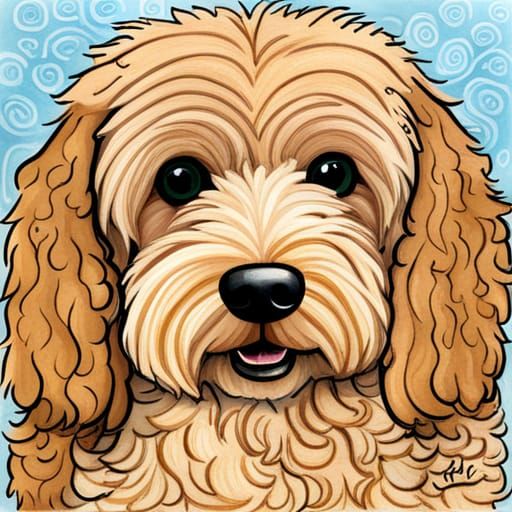 Goldendoodle Crayon Painting in Folk Art Style