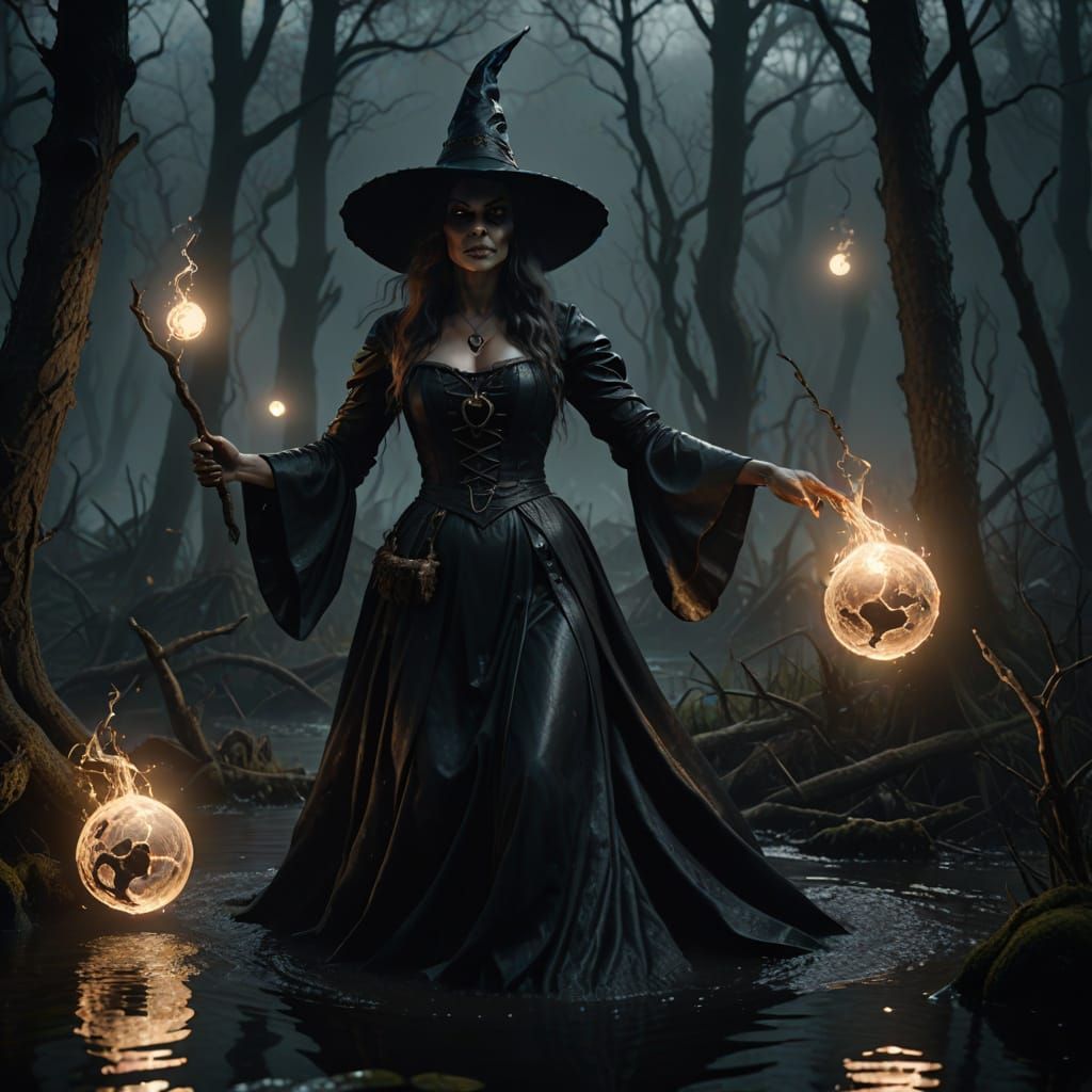 Gothic Witch Conjures Spirits in Dark Swamp
