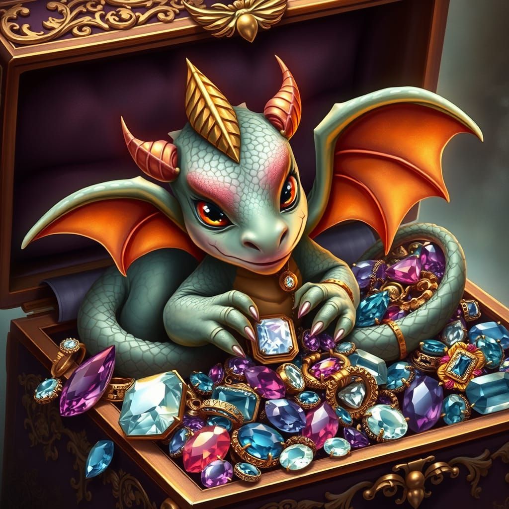 Baby Dragon Plays with Jewels in Whimsical Treasure Box