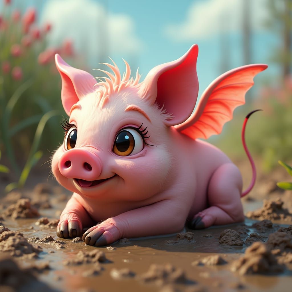 Whimsical Pink Pig with Flamingo Wings in Dreamlike Style