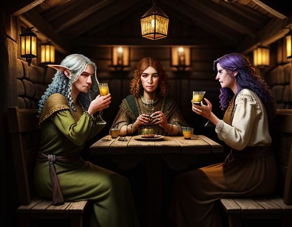 Surreal Tavern Scene with Three Female Goblins in Earthy Col...