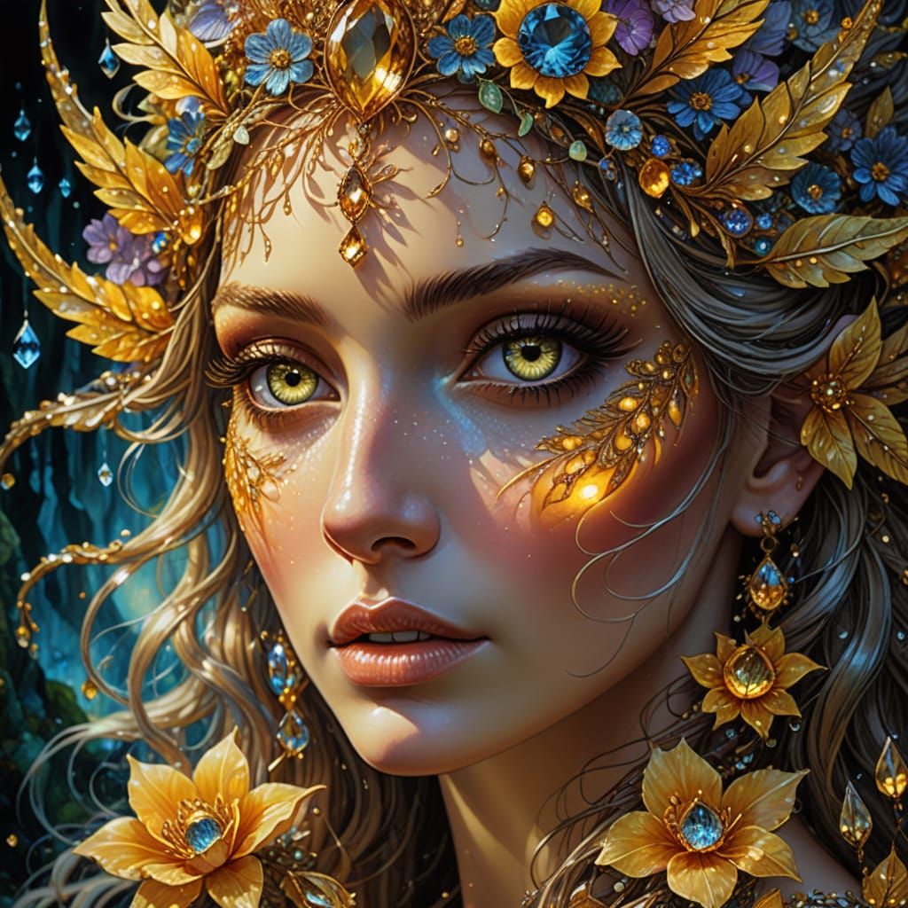 Mystical Portrait: Lady with Citrine Eyes and Floral Adornme...