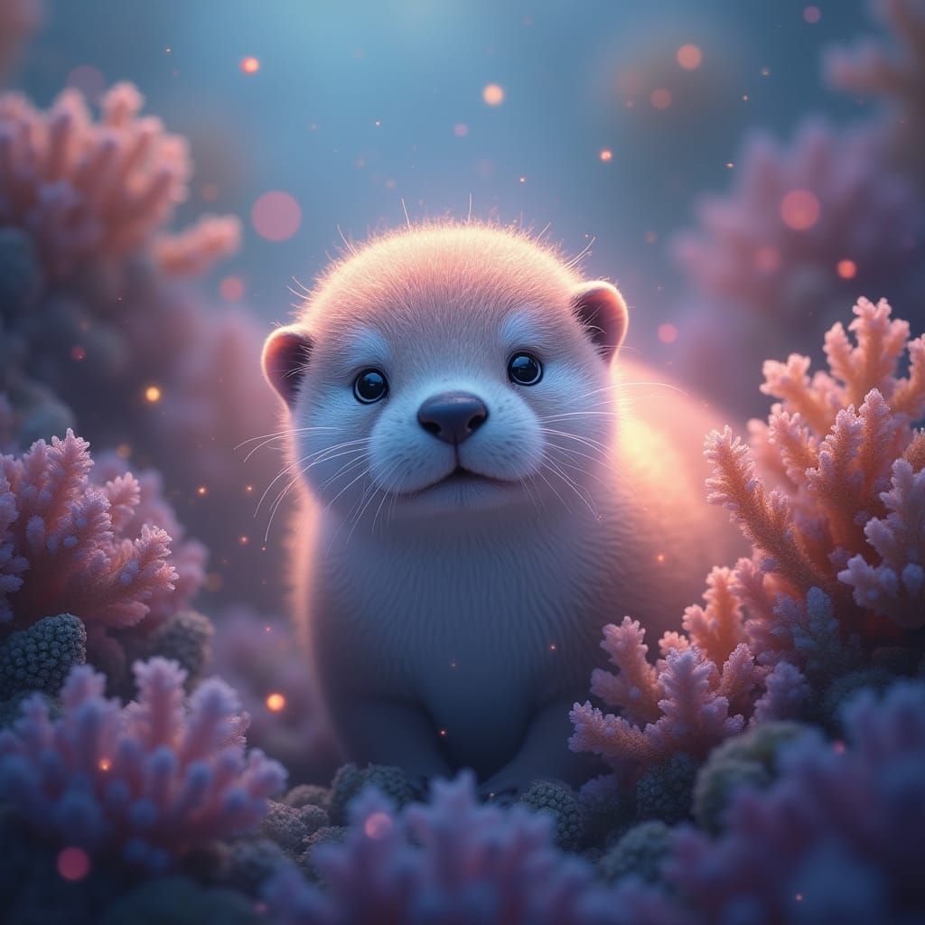 Ethereal Otter in Bioluminescent Coral: Watercolor Painting
