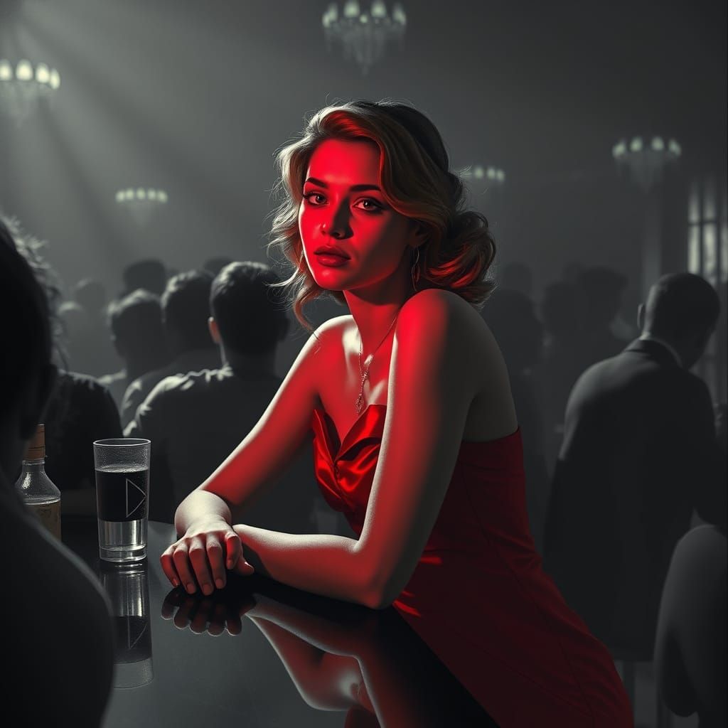 Woman in Red Dress at Bar, Cinematic Lighting