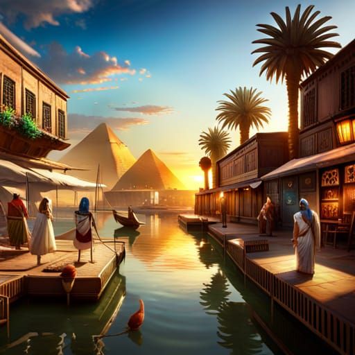 Vibrant Ancient Egyptian Street Scene in Triadic Colors