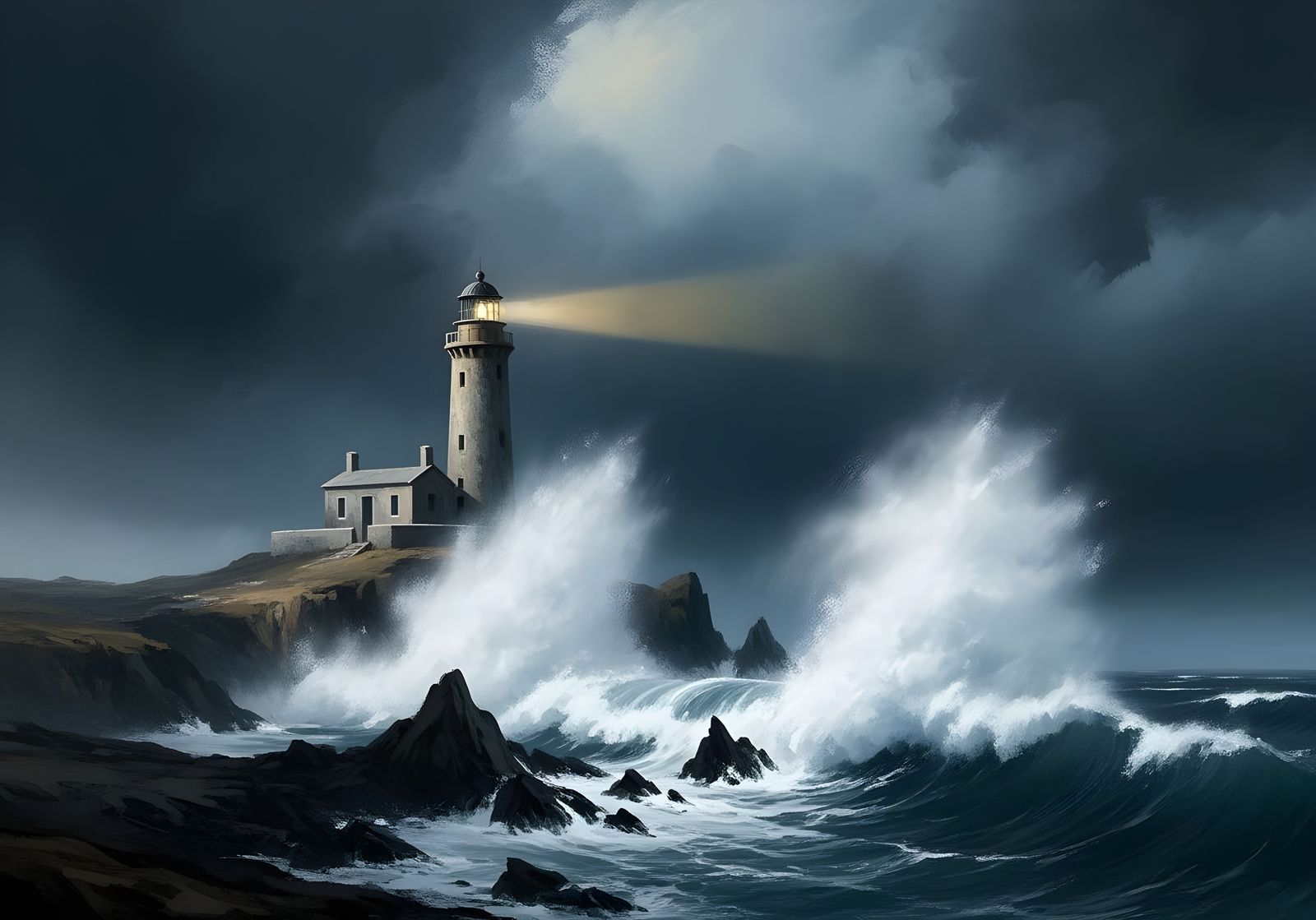 Weathered Lighthouse in Stormy Seas, Painterly Style