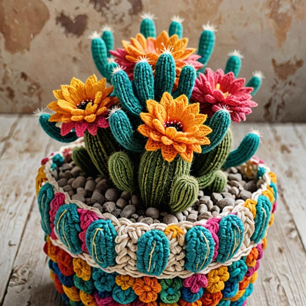 Whimsical Fiber Art of a Colorful Cactus in Woven Basket