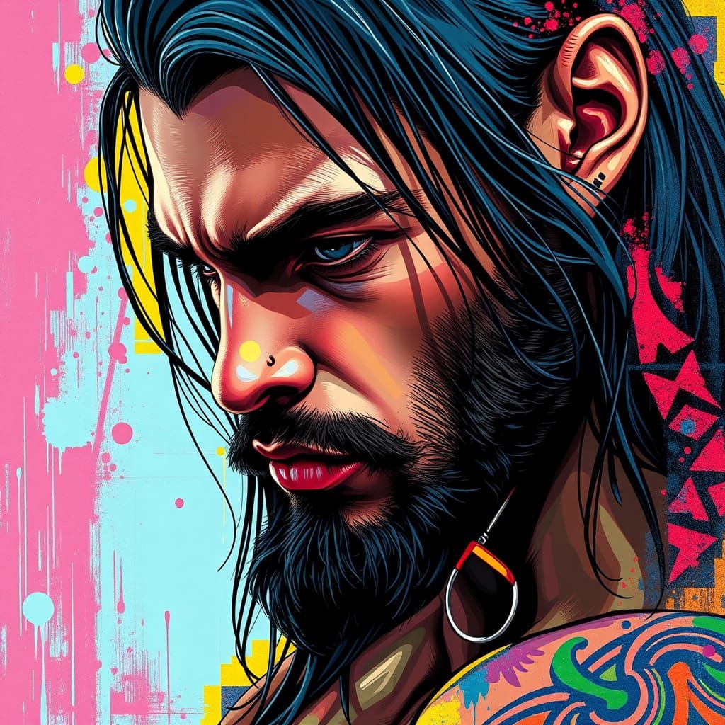 Tribal Chieftain Portrait in Vibrant Graffiti Style