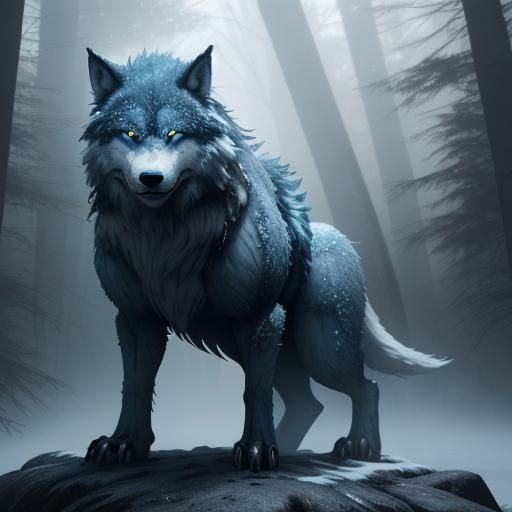 Snow Wolf Hybrid Barks in Misty Winter Forest