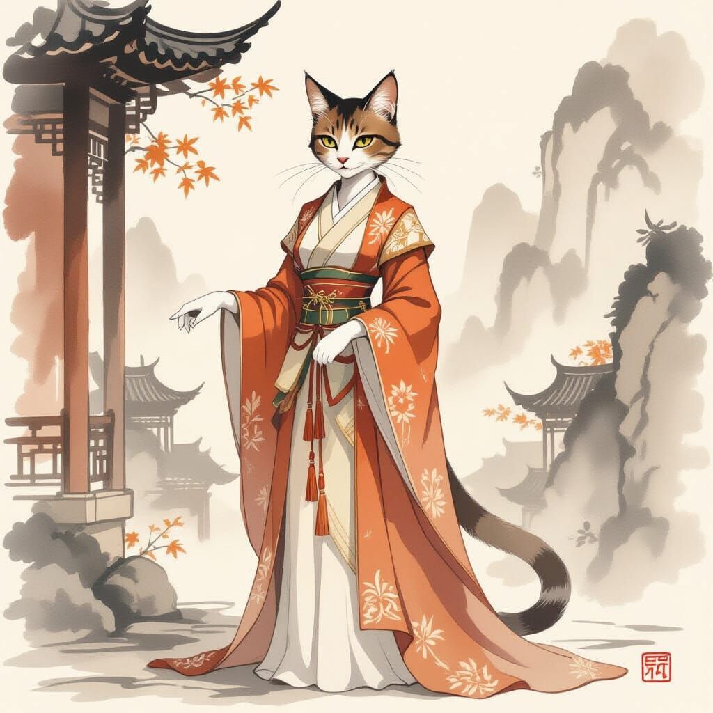 Elegant Brown Cat Noble in Chinese Watermark Style