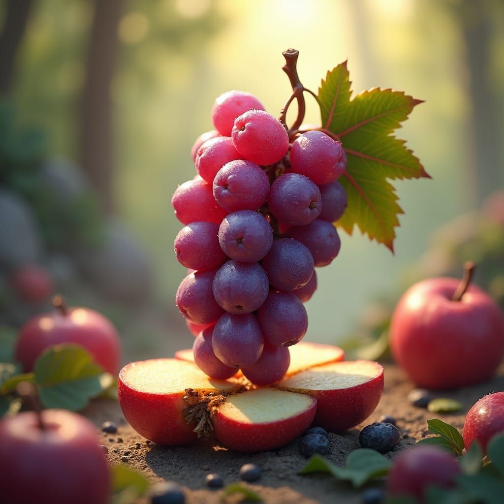 Grape Triumphs Over Apple in Whimsical, Dreamlike Landscape