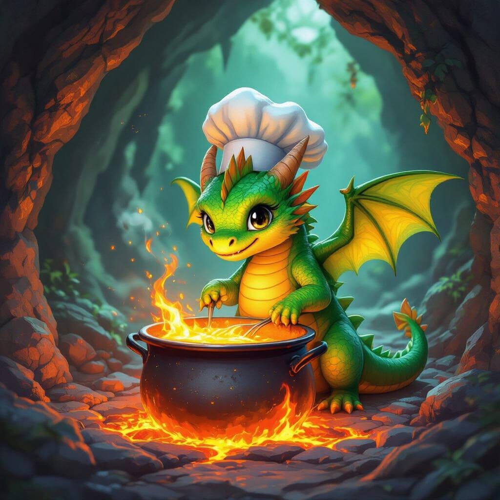 Tiny Emerald Dragon Cooks Over Lava in Whimsical Style
