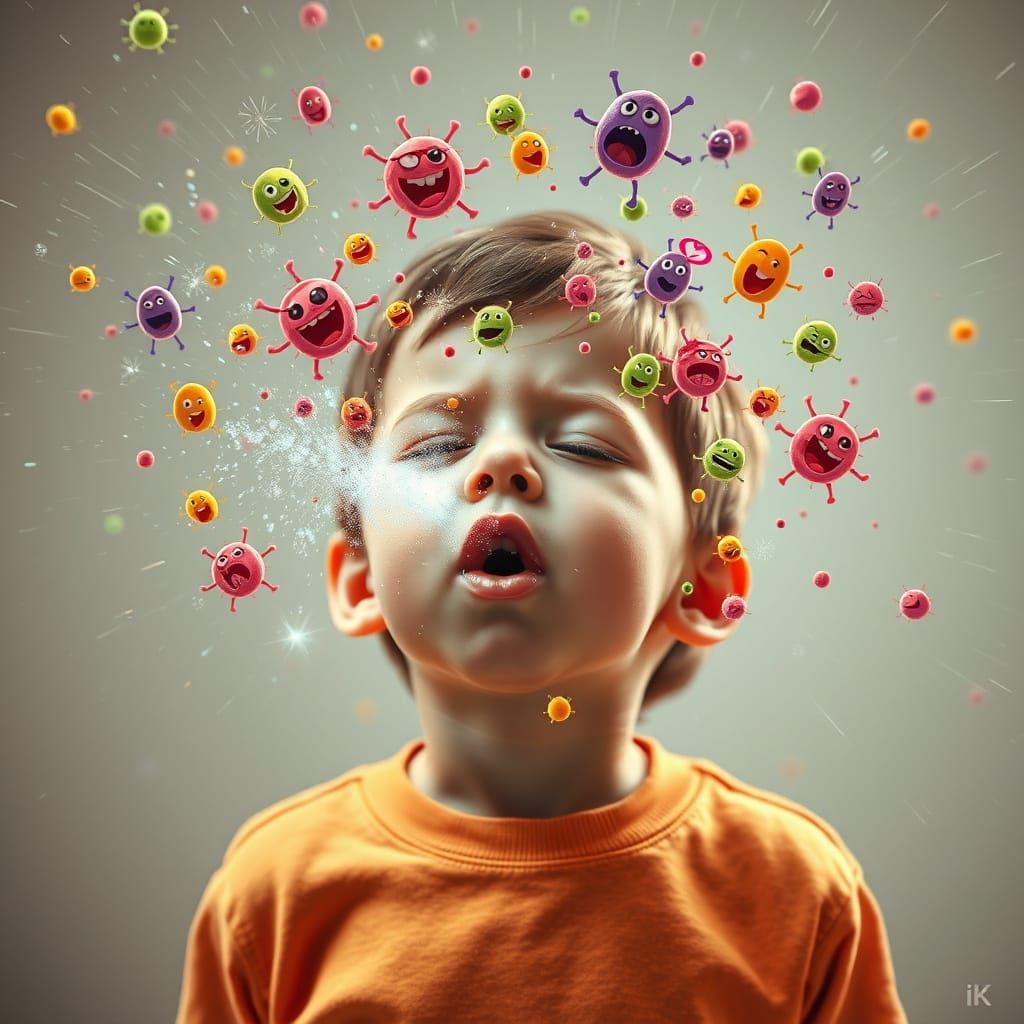 Playful Child Sneezes Cartoon Microbe Cloud in Neon Glow