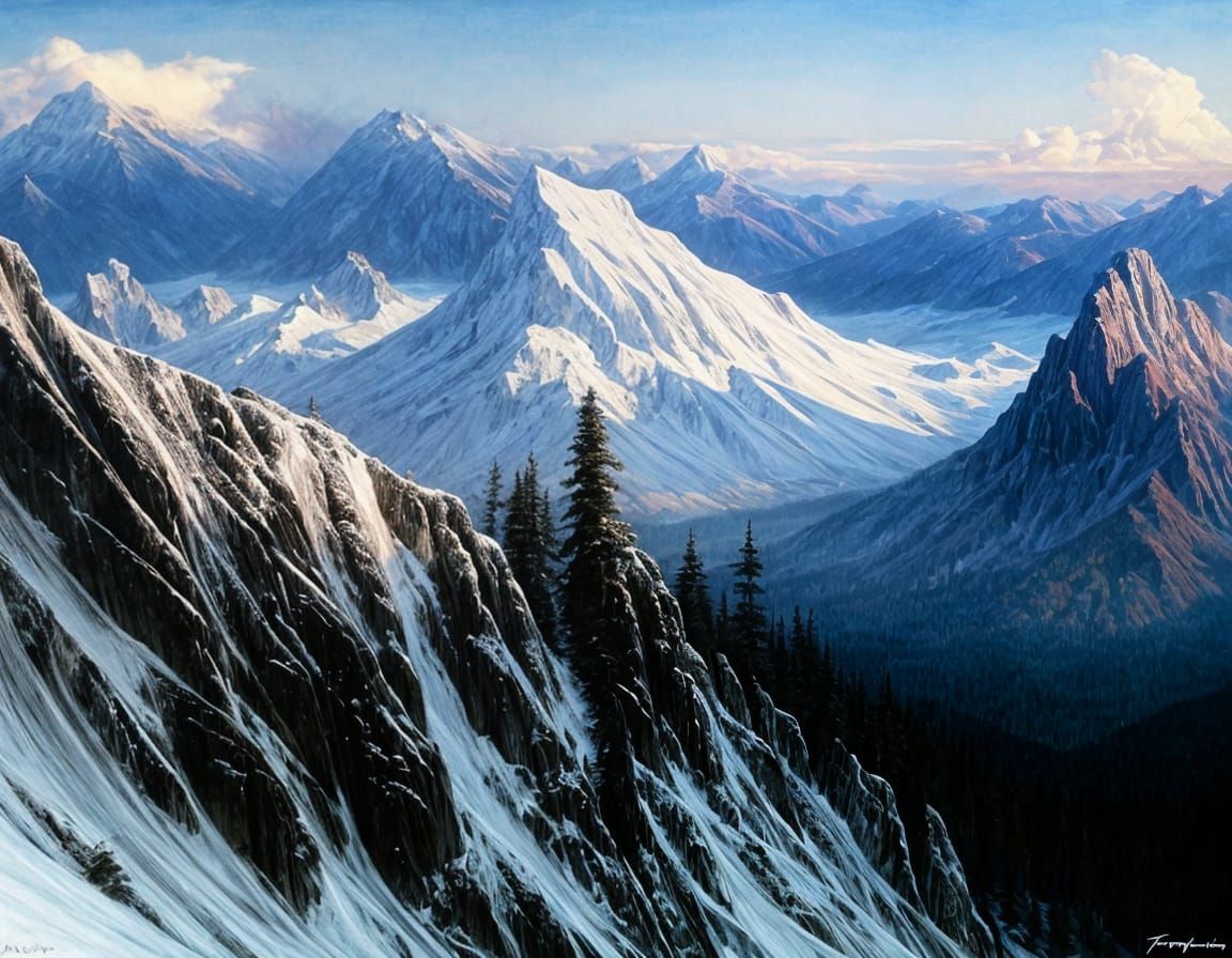 Frozen Tundra Peaks in a Frazetta-Inspired Fantasy Landscape