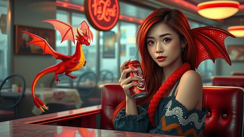 Surreal Vintage Diner Scene with Asian Woman and Red Dragon
