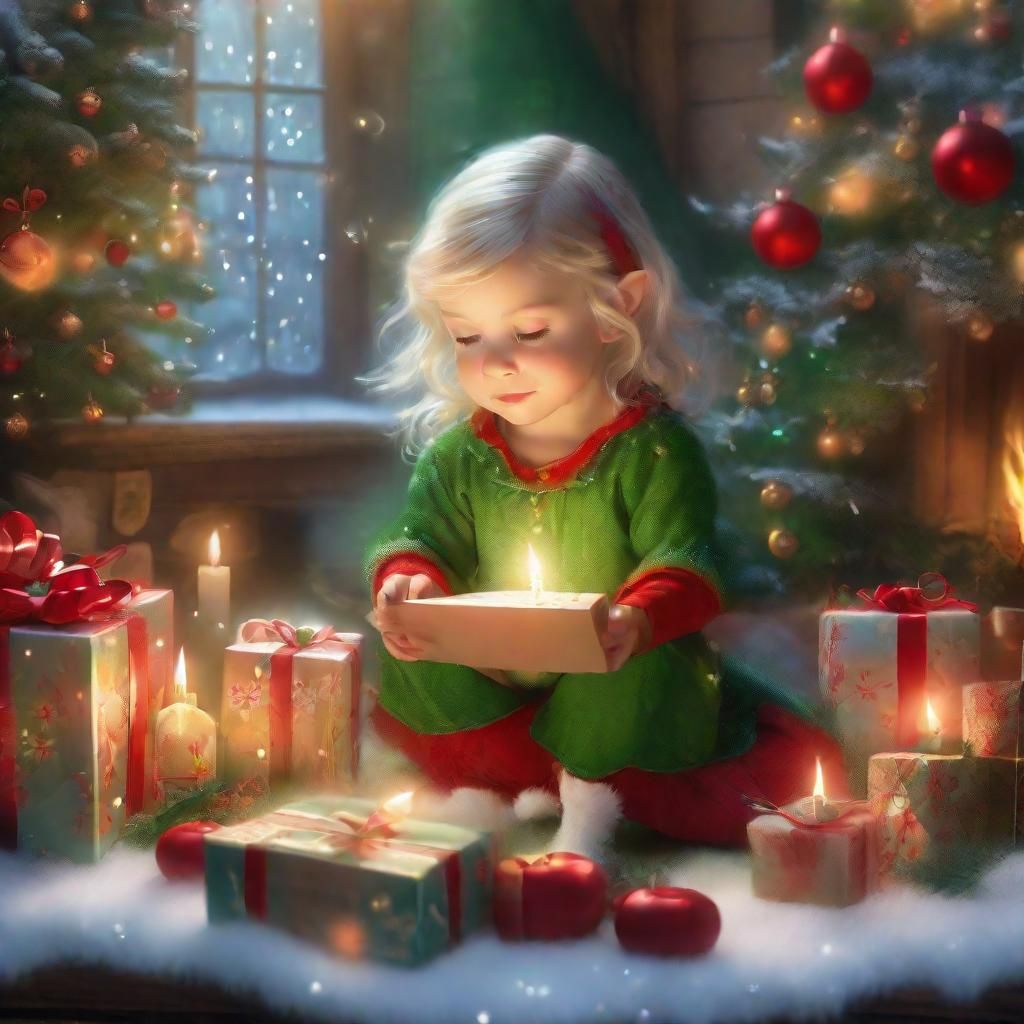 Elf Girl Opens Presents in Enchanted Holiday Wonderland