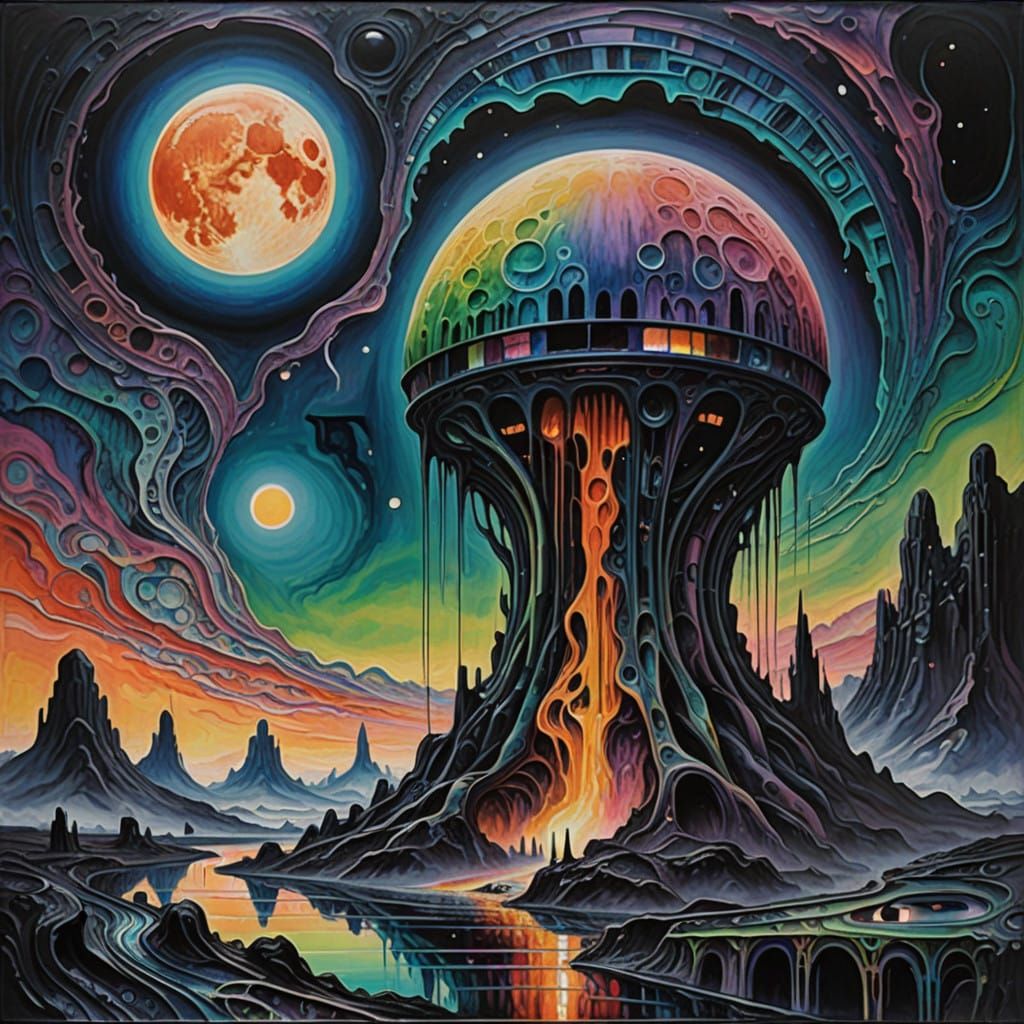 Surreal Melting Moon over Alien Landscape in Hyper-Maximalis...