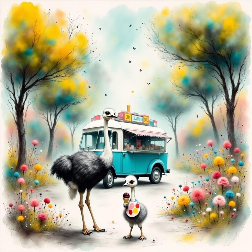Whimsical Ostrich Enjoys Ice Cream on a Sunny Suburban Stree...