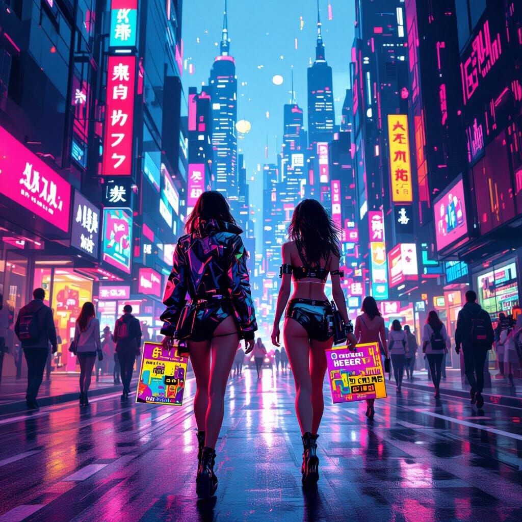 Neon Cityscape of Women in Cyberpunk Style