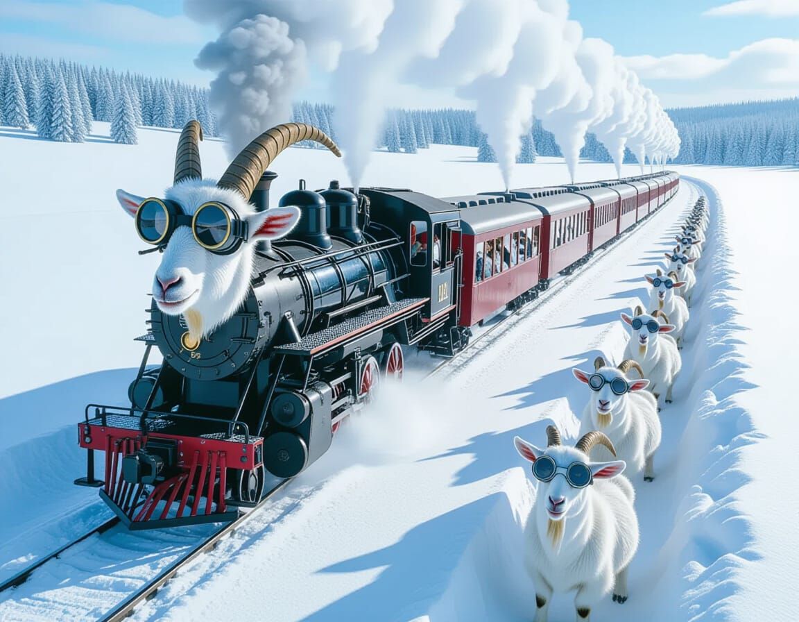 Surreal Goat Train in Snowy Landscape