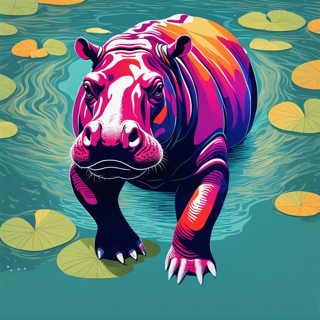 Hippopotamus in Bikini Relaxing in Serene River Landscape