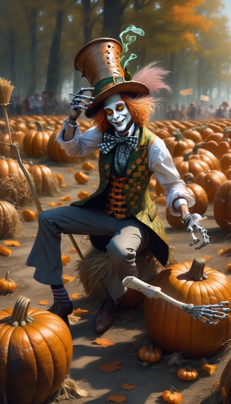 The crazy Mad Hatter dances and merrily plays the drums in t...