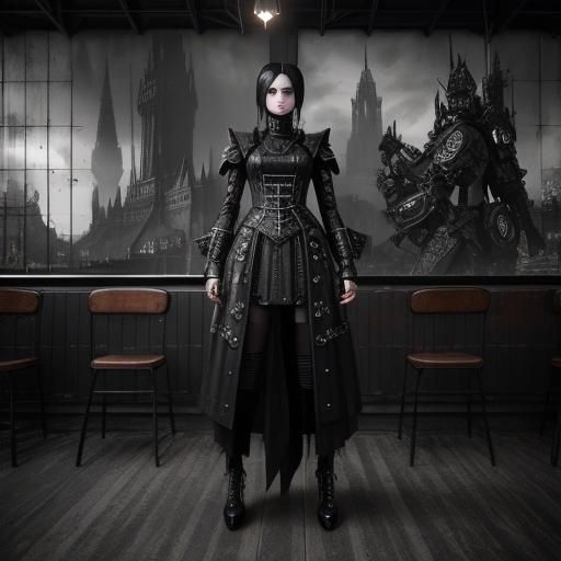 Goth Fashion Model Amidst Rusty Robot Ruins in Black and Whi...