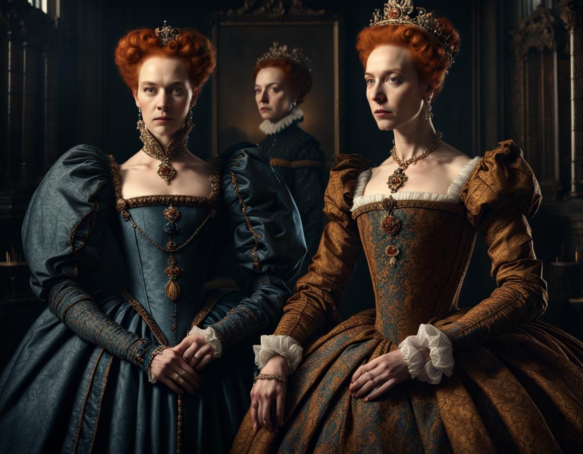 Elegant Elizabeth I and Mary Queen of Scots Portrait in Dram...