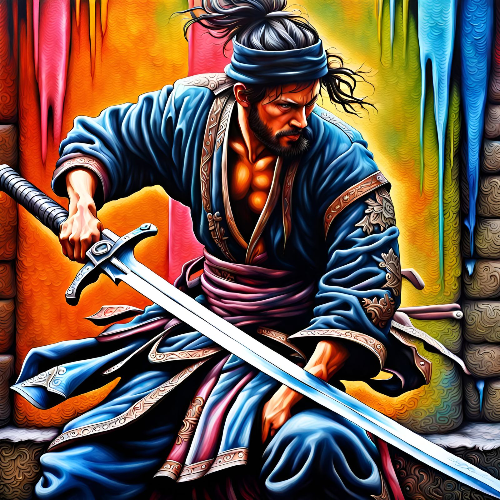 Hyperrealistic Swordsman in Graffiti Art Style