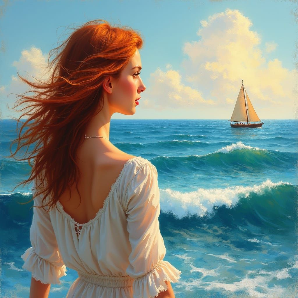 Impressionist Seascape: Woman Gazes at Ocean at Golden Hour