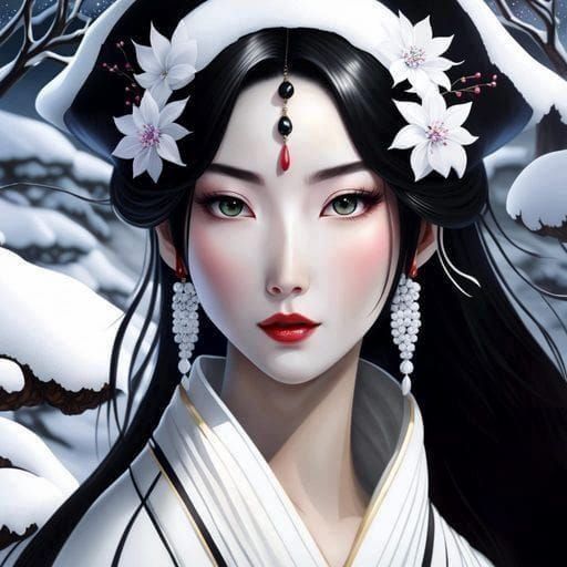 Surreal Japanese Snow Spirit with Elegant Kimono and Black H...