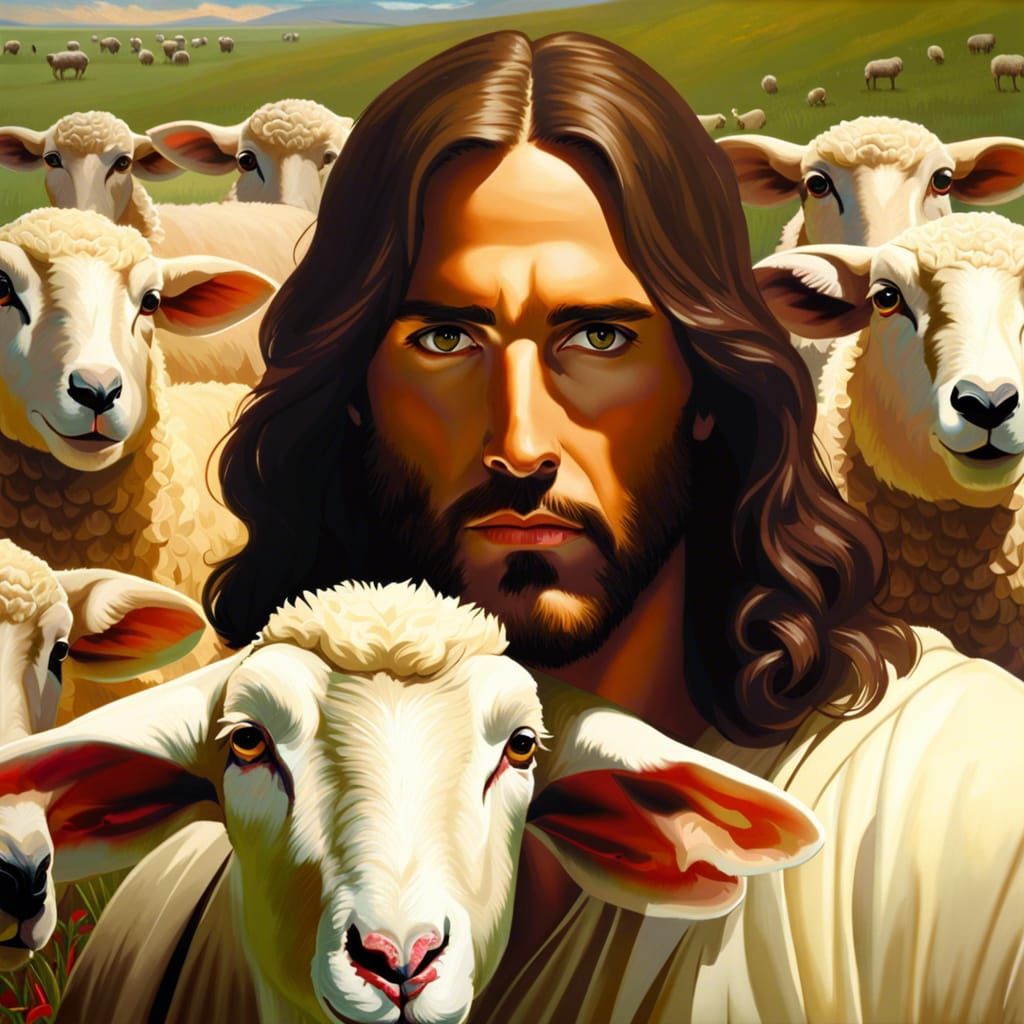 Jesus in Loving Embrace with Sheep in Mystical Pasture Lands...