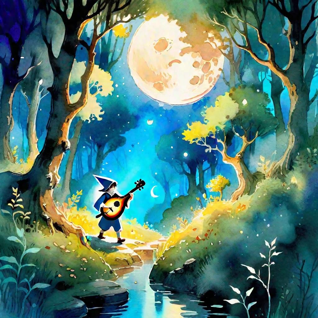 Bard in Enchanted Forest of Dreams, in the Style of Studio G...