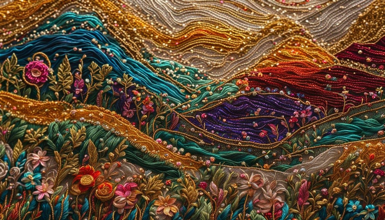 Vibrant Embroidered Landscape Inspired by Folk Art