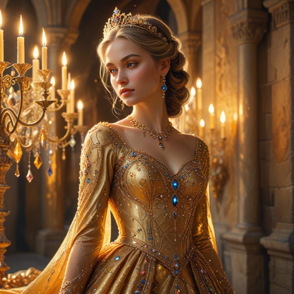 Princess in Golden Dress: A Digital Triadic Oil Painting