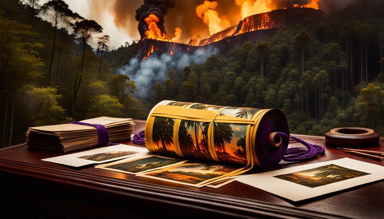 Tropical Postcards Amidst Forest Fire, Photorealistic Style