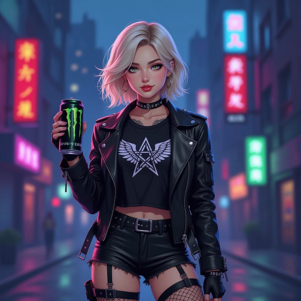 Anime Woman with Wing Tattoo in Cyberpunk Cityscape