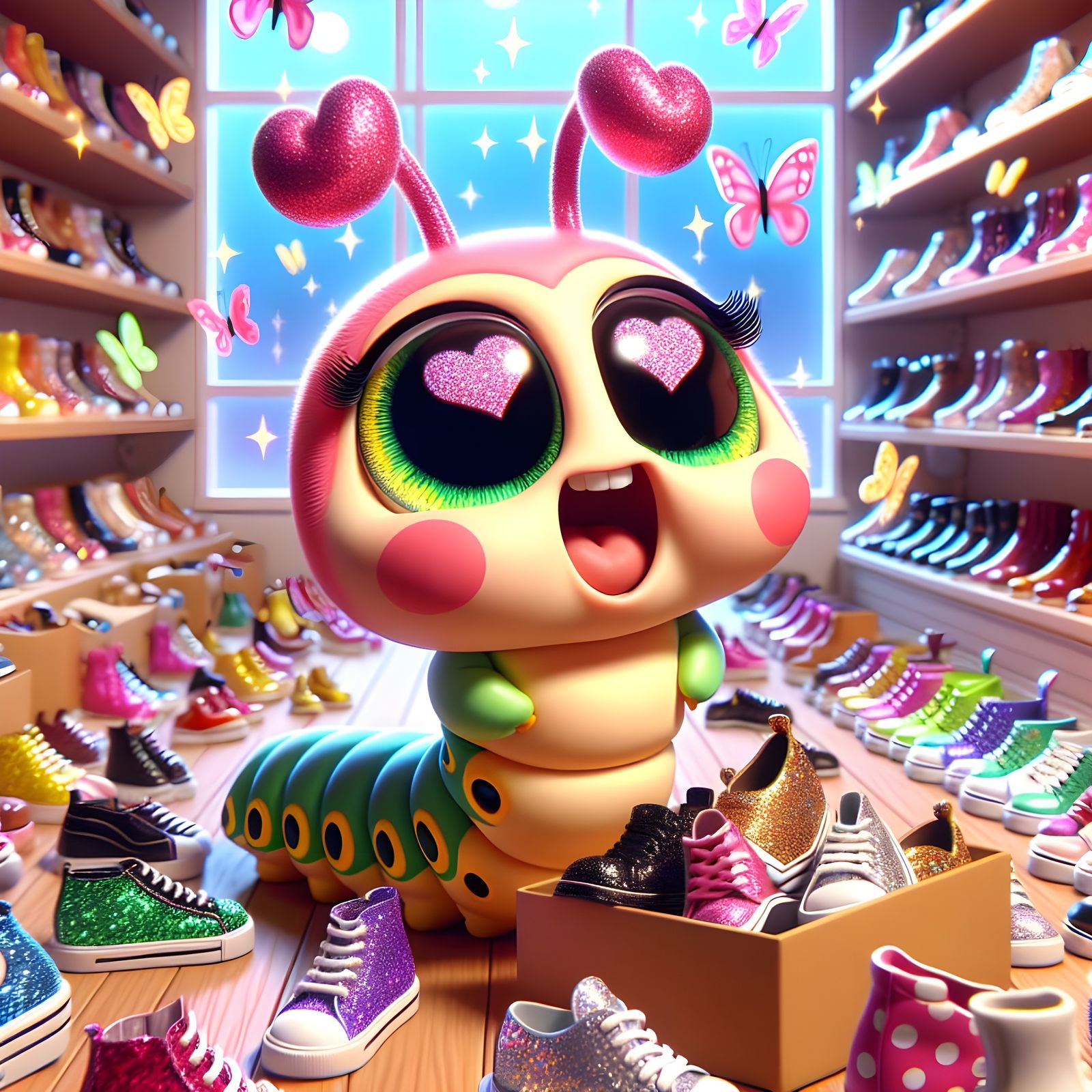 Cartoon Caterpillar's Whimsical Shoe Shopping Spree