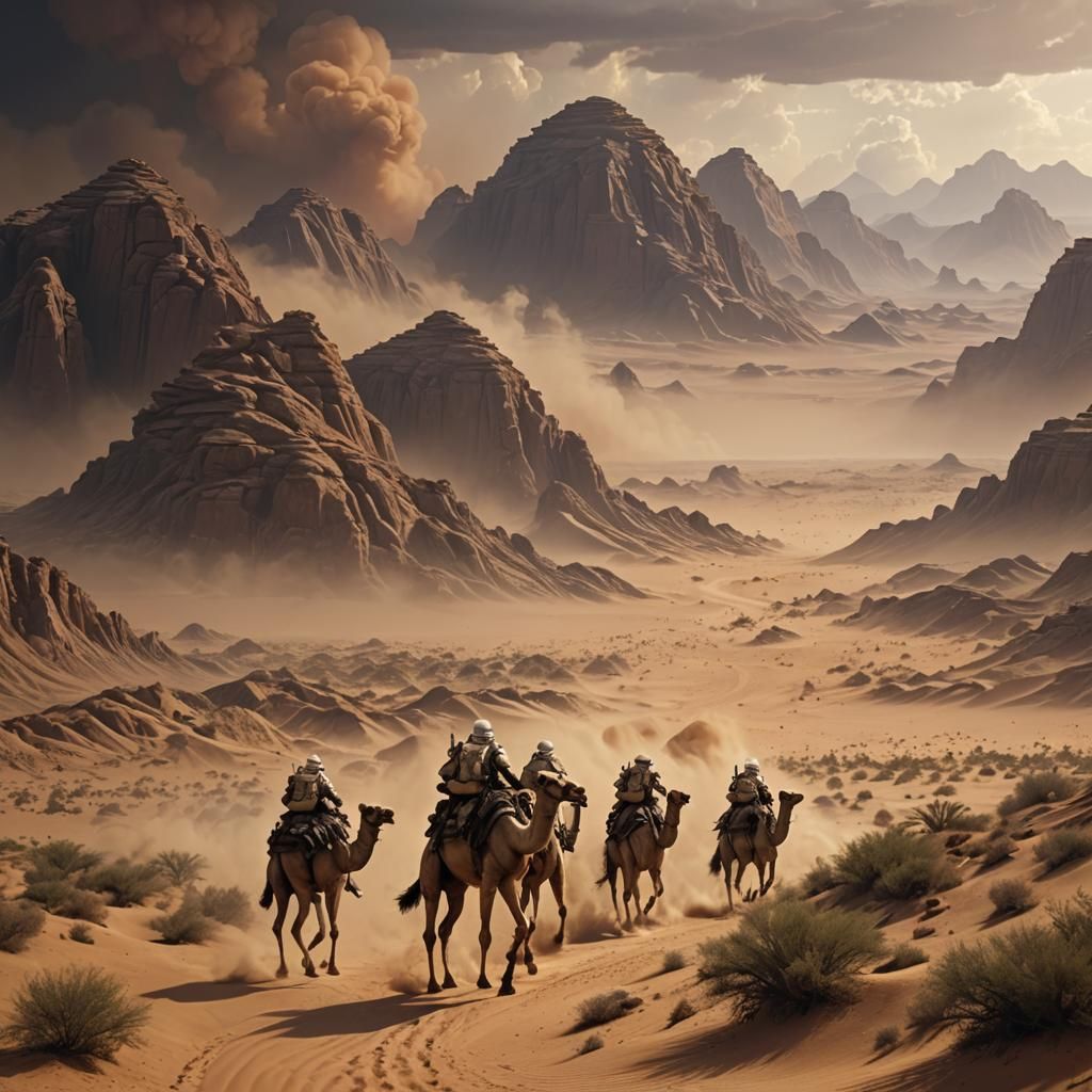 Surreal Stormy Desert with Camel Troopers in Epic Fantasy La...