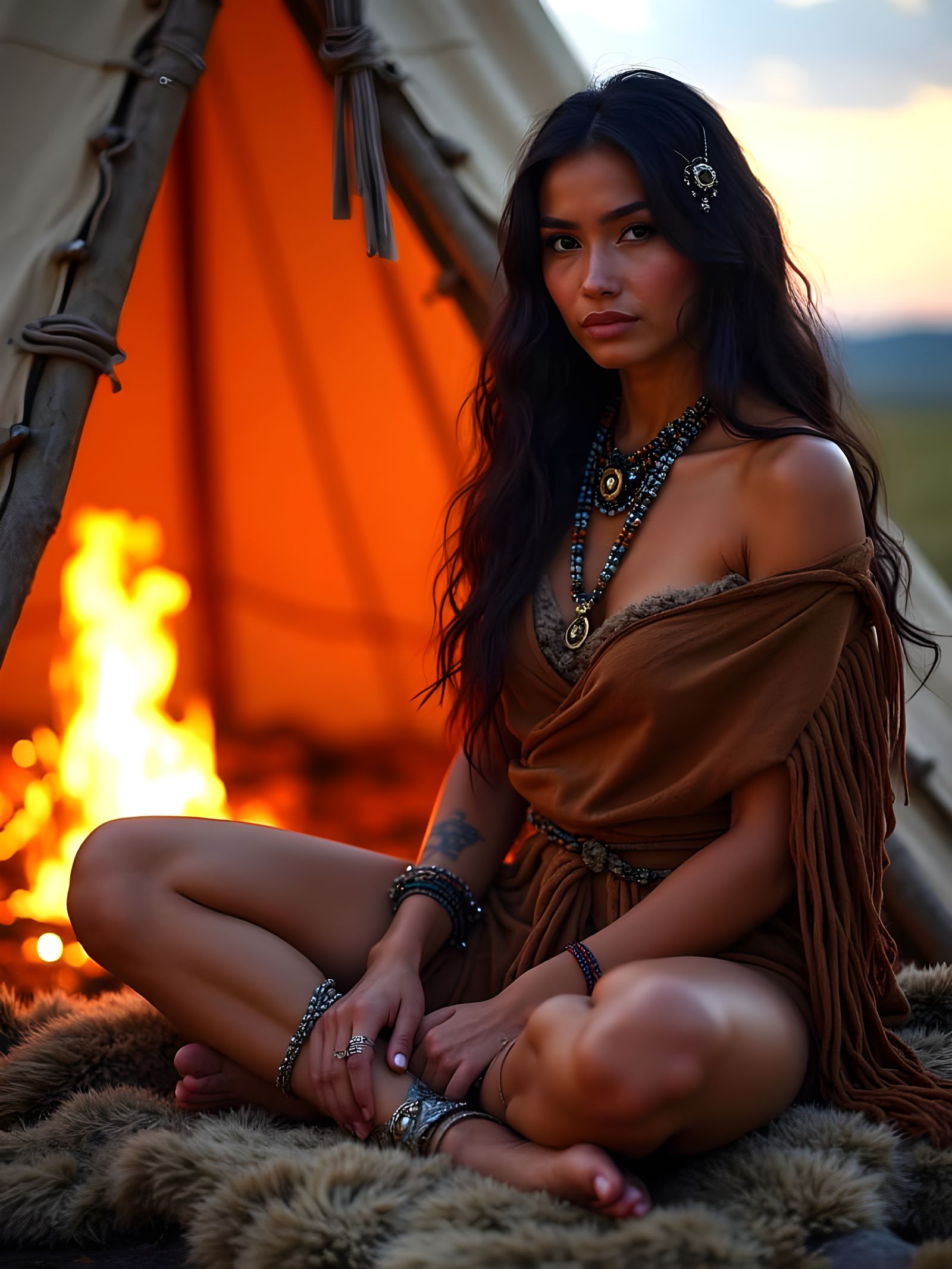 Native American Woman in Tipi at Dusk