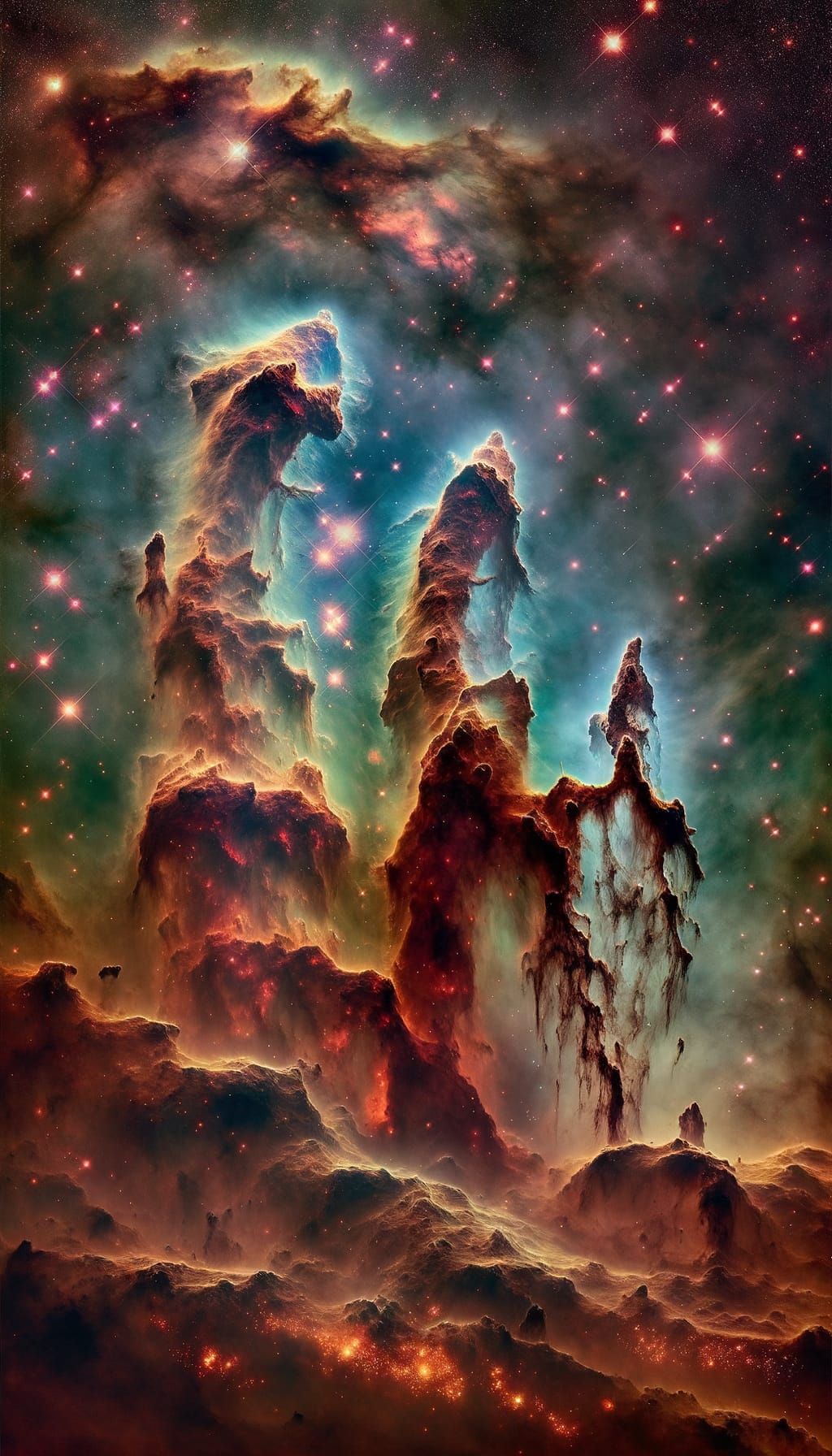 Cosmic Pillars in Starry, Impressionist Style