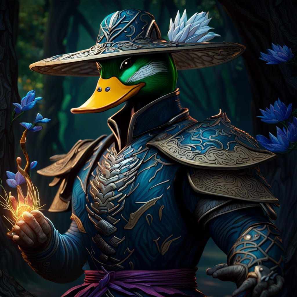 Duck as Raiden from Mortal Kombat, enchanted forest backgrou...
