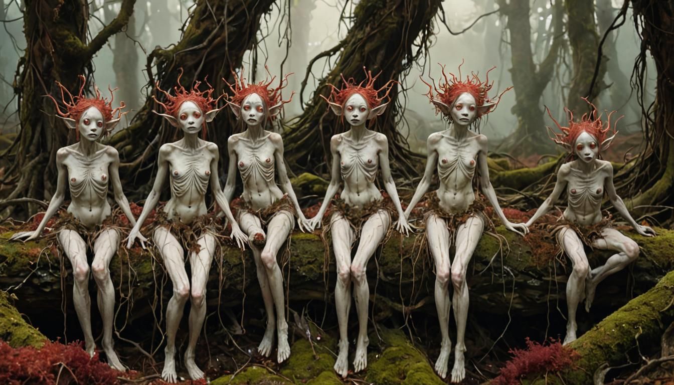 Folk Horror Fairies in a Haunting Red Moss Landscape