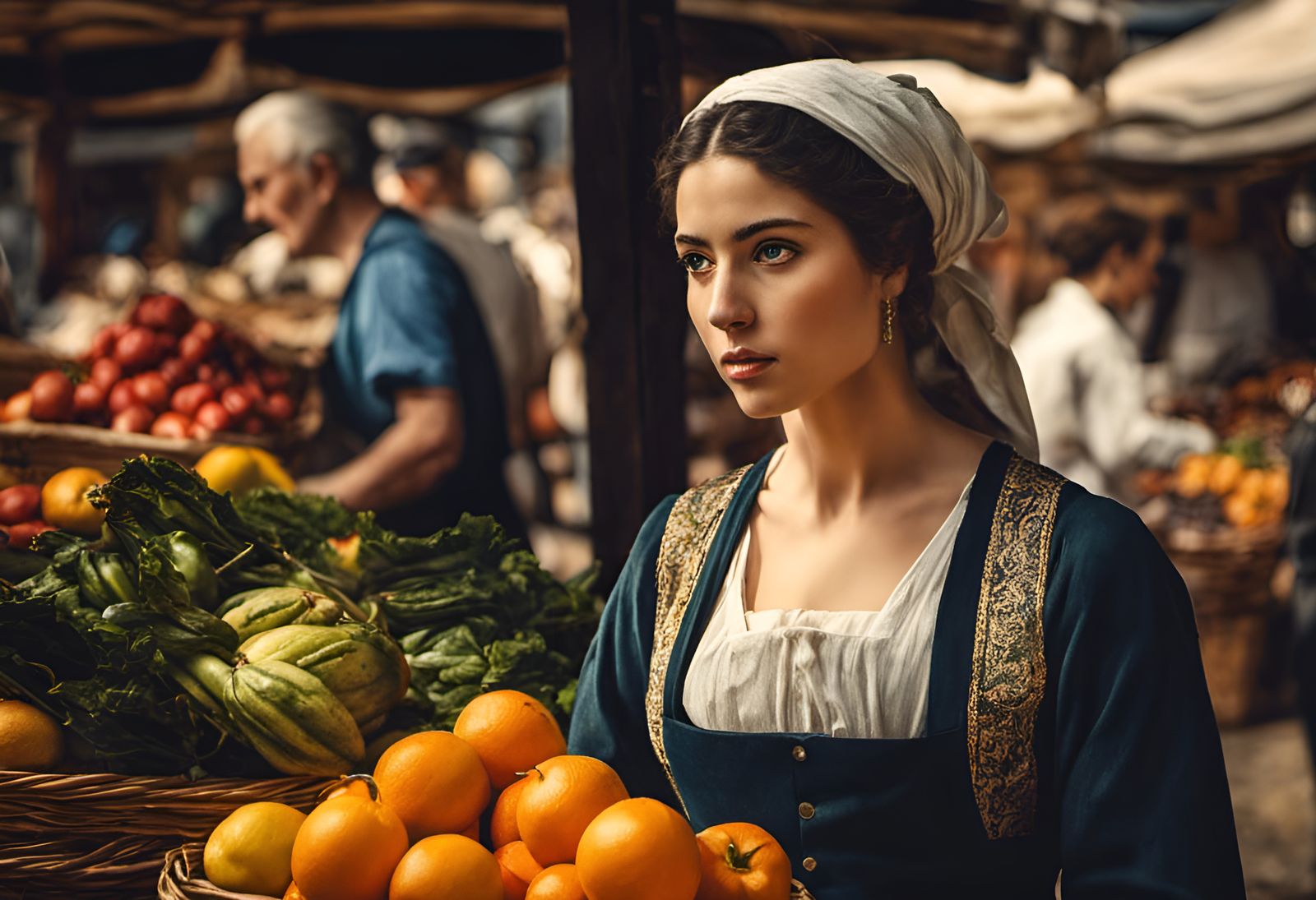 Farmers market: stall seller with oranges