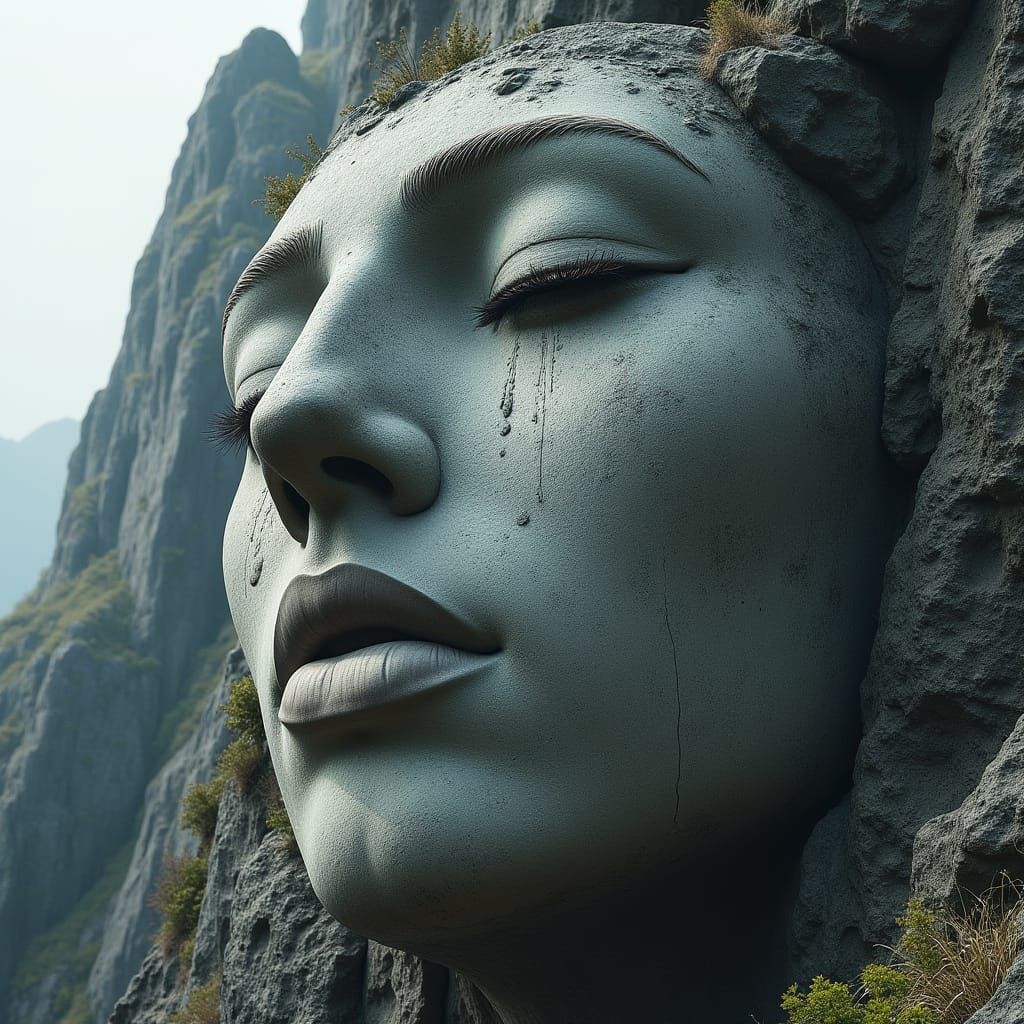 Colossal Stone Face Carved into Misty Mountain